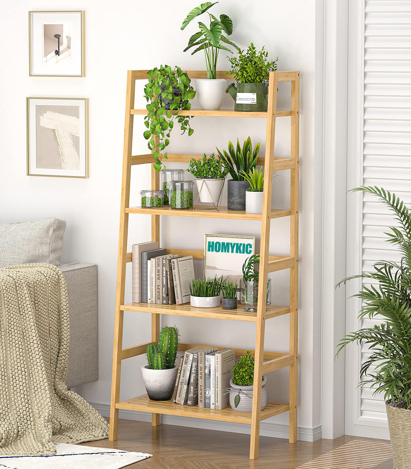 Homykic Bamboo Ladder Shelf side detail highlighting sturdy crossbars for stability