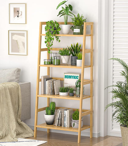 Homykic Bamboo Ladder Shelf side detail highlighting sturdy crossbars for stability