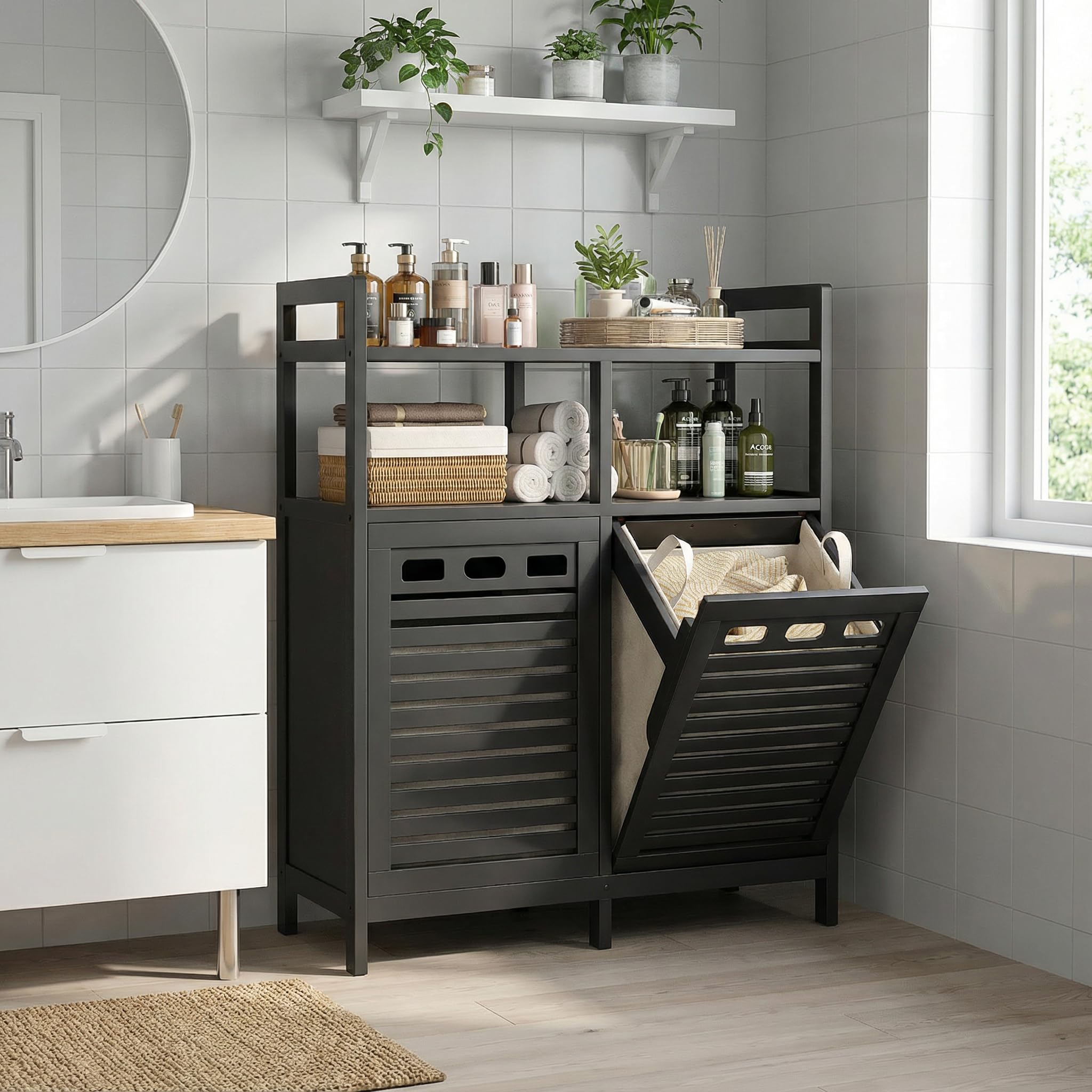 20-gallon capacity of Homykic hamper system for full loads.