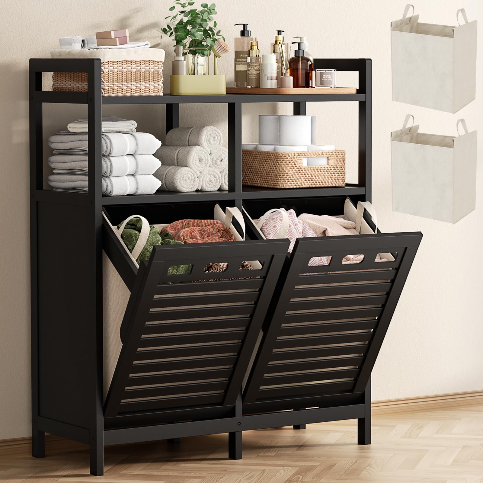 Homykic tilt-out cabinet front view keeps laundry organized and out of sight.