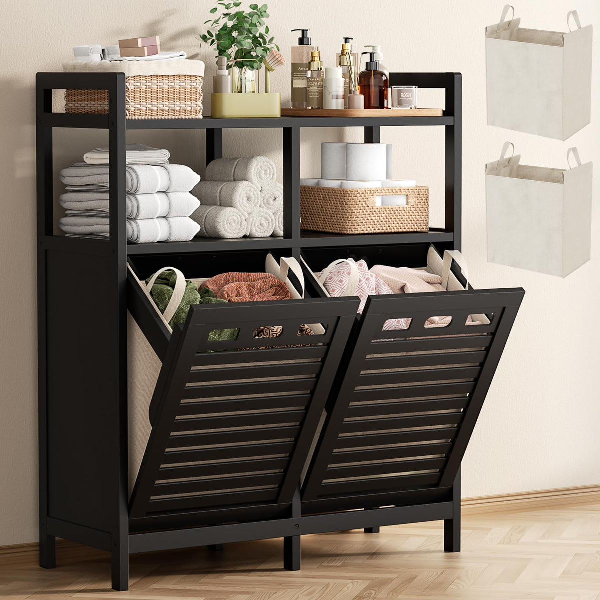 Homykic tilt-out cabinet front view keeps laundry organized and out of sight.