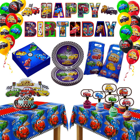 HOMYPOWER Cars banner for birthday celebrations, creating a cohesive race-theme entrance.