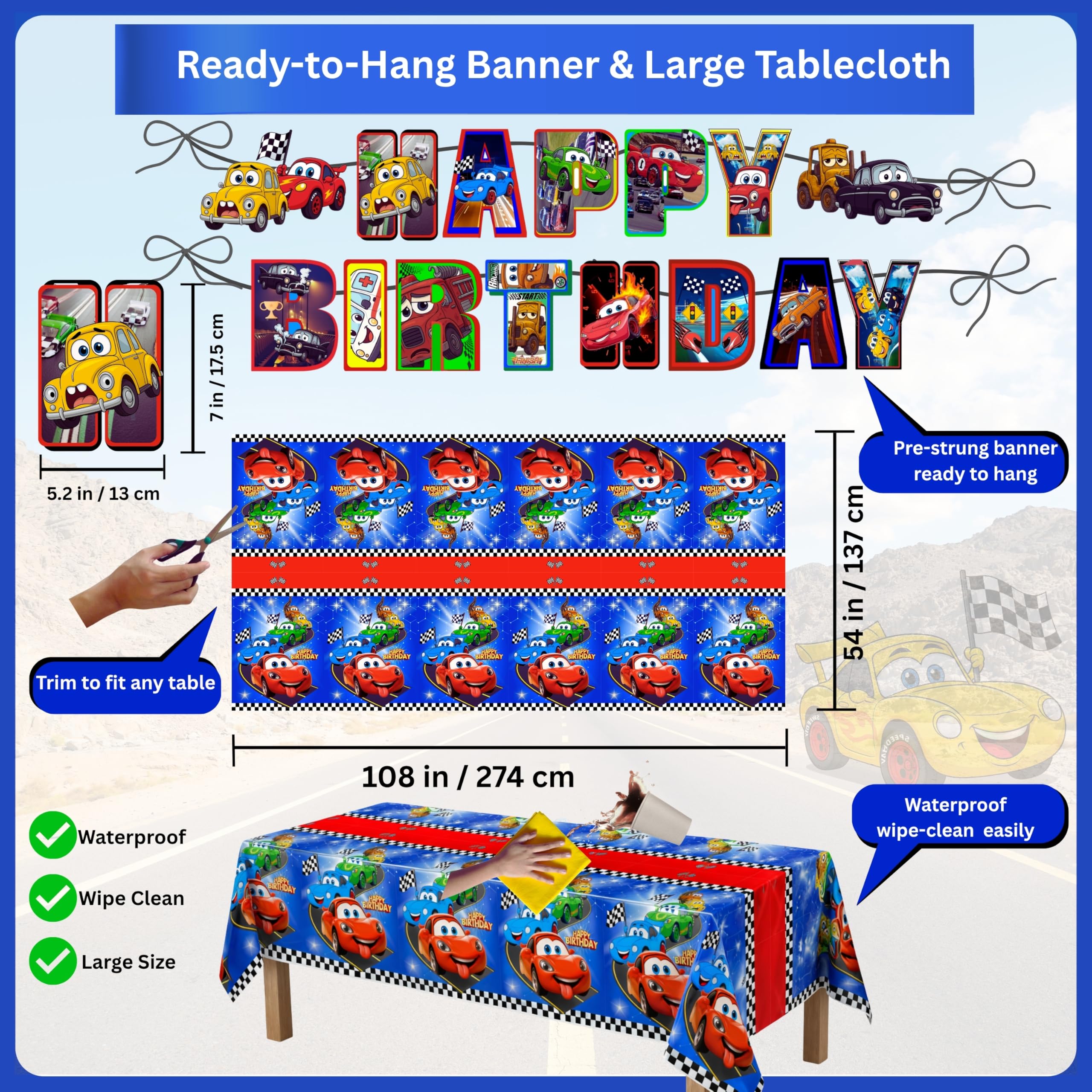 HOMYPOWER Cars tablecloth protects surfaces while adding race-car style.