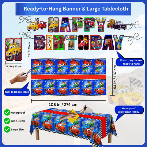 HOMYPOWER Cars tablecloth protects surfaces while adding race-car style.