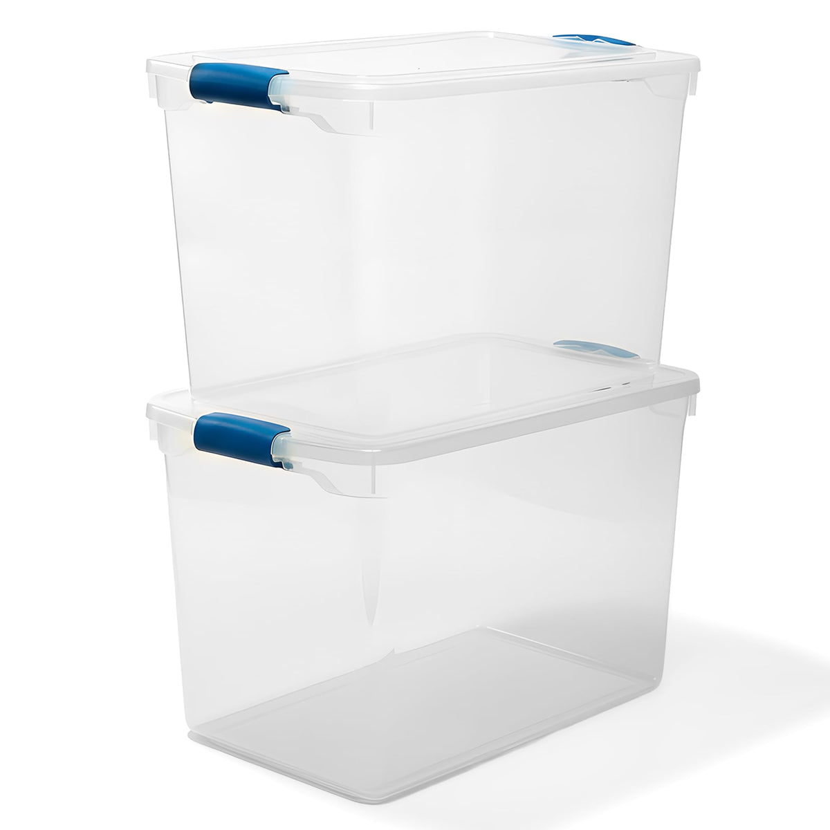 HOMZ 112-quart clear bin with blue latch for secure, dust-free storage.