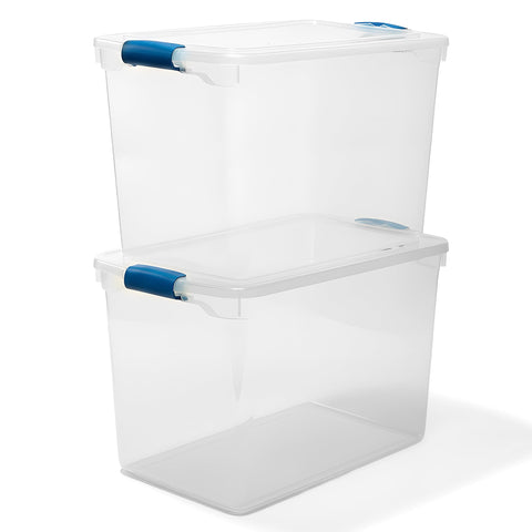 HOMZ 112-quart clear bin with blue latch for secure, dust-free storage.