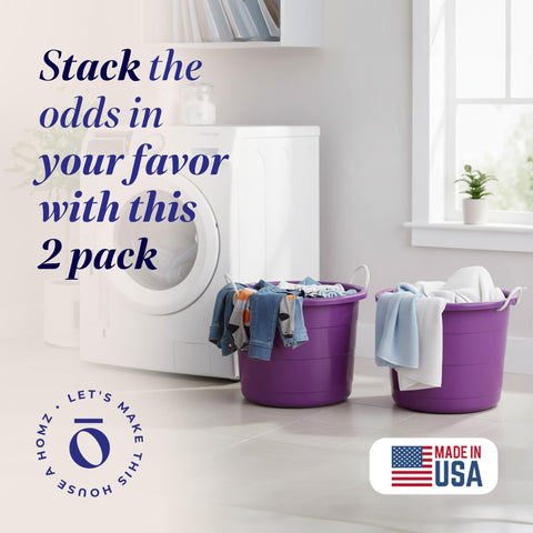 HOMZ 17-gallon purple tub nestable for compact storage.