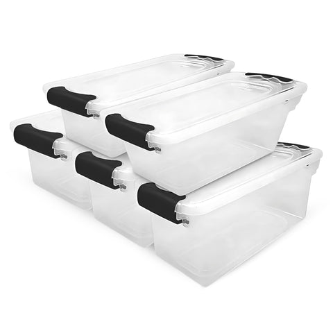 HOMZ 5-pack latching lid bins in clear plastic for easy organization
