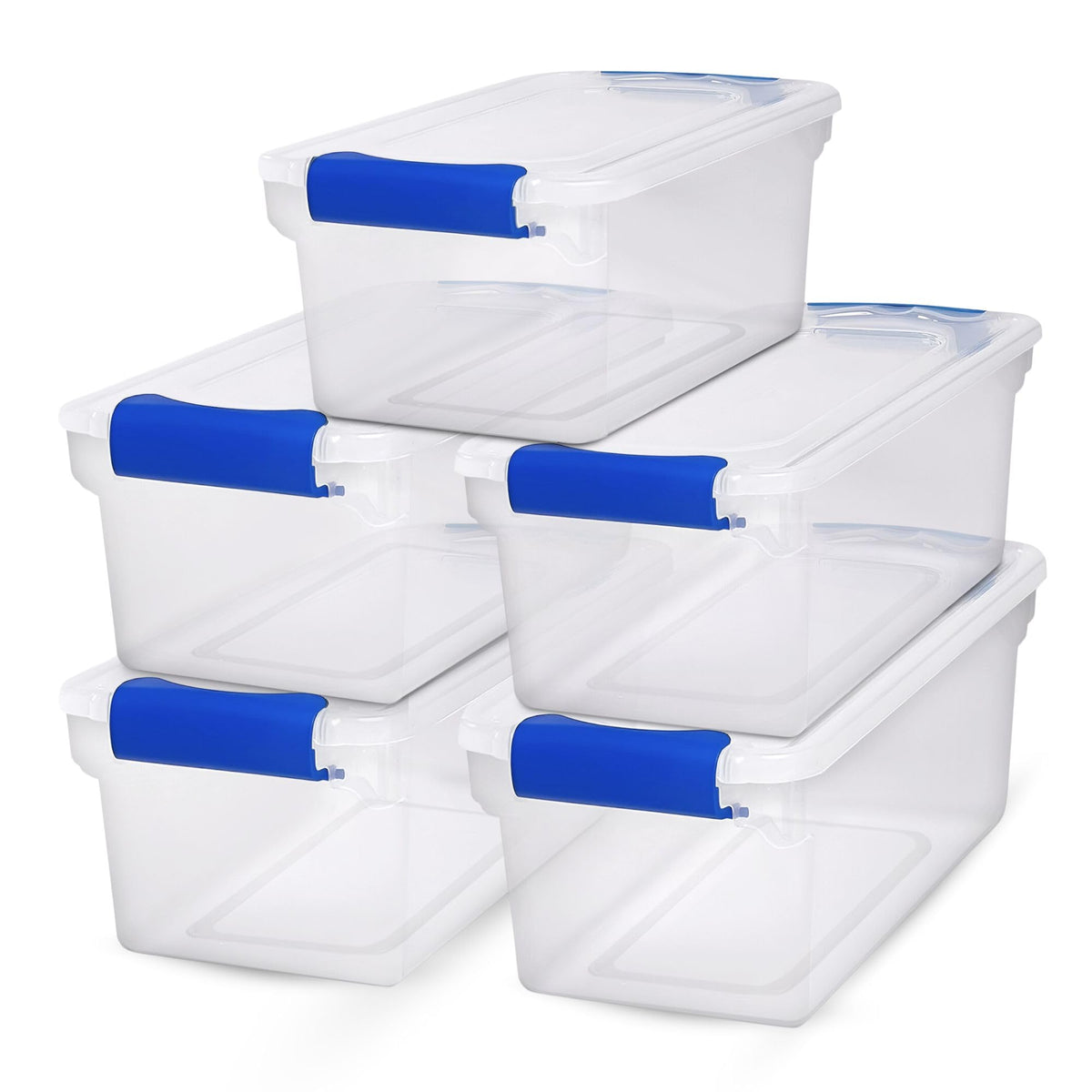 HOMZ 5-pack clear 7.5 qt bins with blue latches for secure stacking.