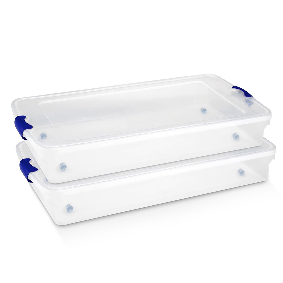 HOMZ 60-quart under-bed storage bin with clear lid for easy access to shoes and garments.