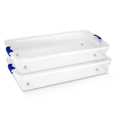HOMZ 60-quart under-bed storage bin with clear lid for easy access to shoes and garments.