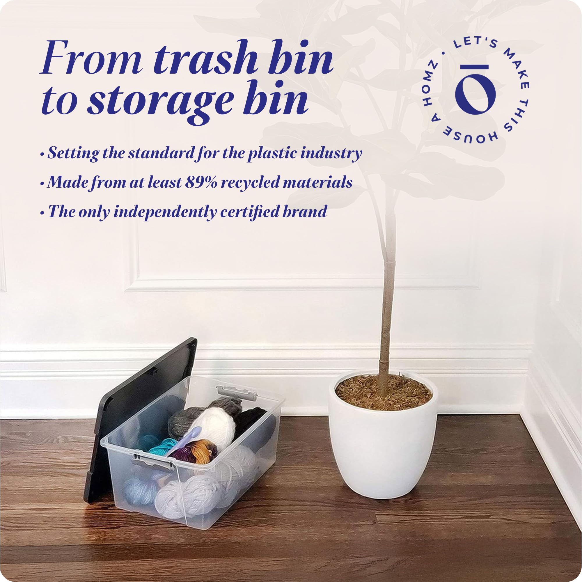 HOMZ bathroom storage bin stores cosmetics and essentials tidily.