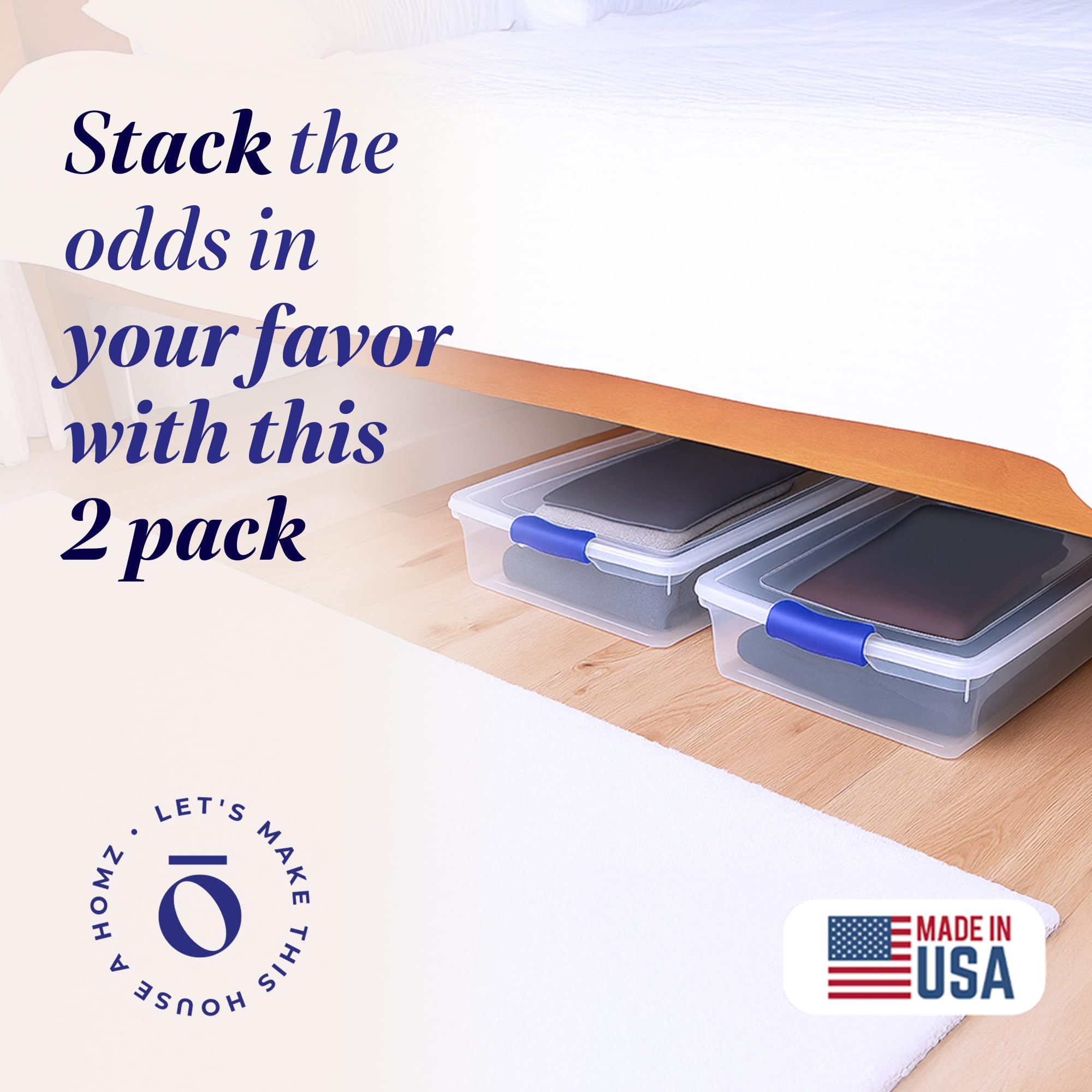 HOMZ blue latch under-bed storage bin demonstrates secure, stackable design for organized spaces.