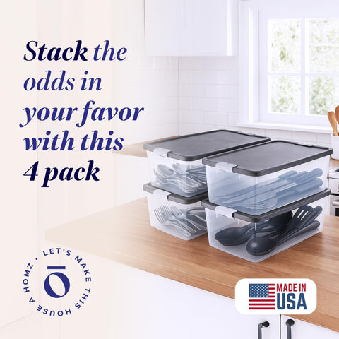 HOMZ clear 15qt bin shows contents at a glance for quick access.