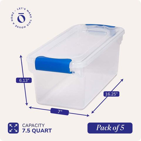 HOMZ clear bins on shelves for quick item checks.