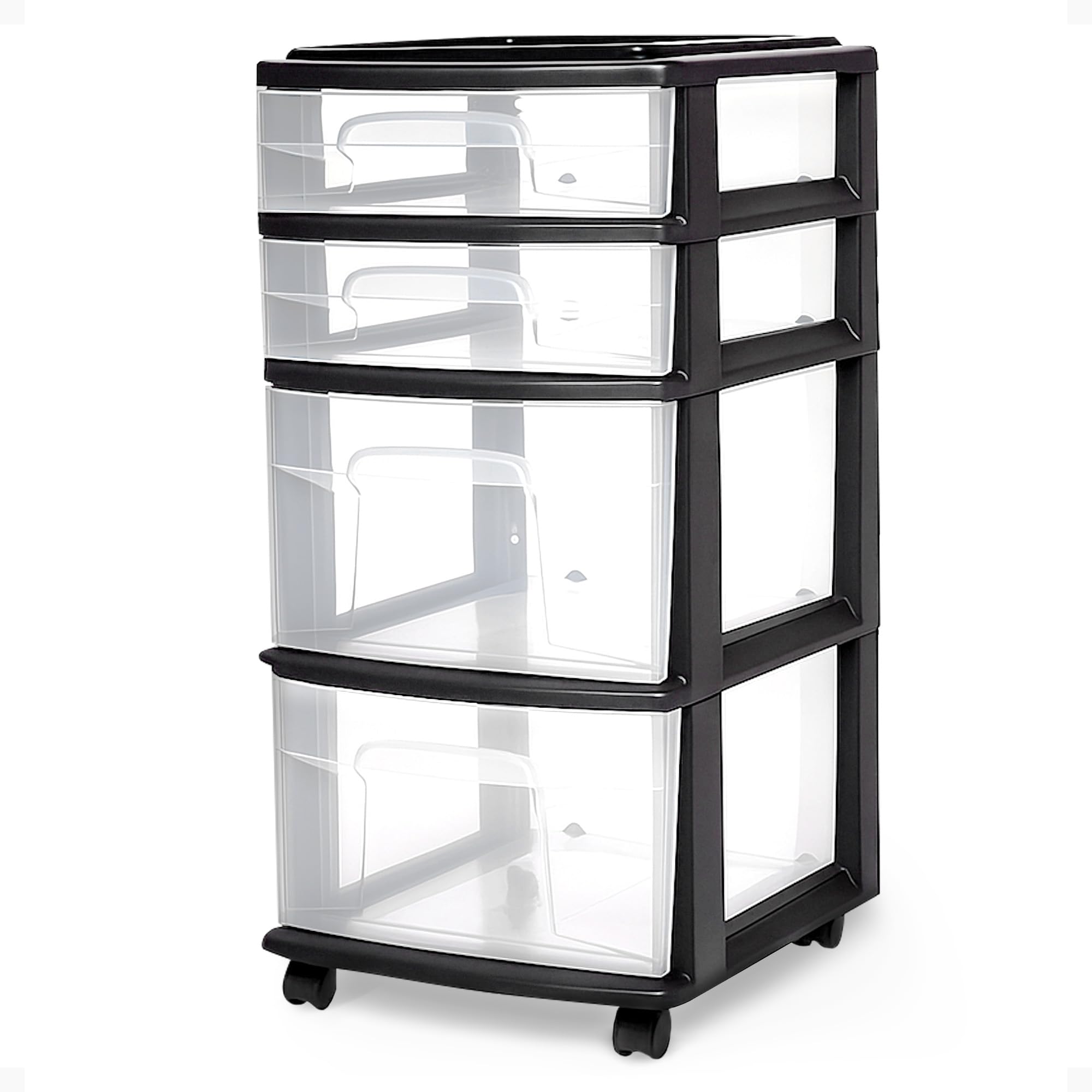 HOMZ Drawer Tower 4-tier clear drawers provide easy organization.