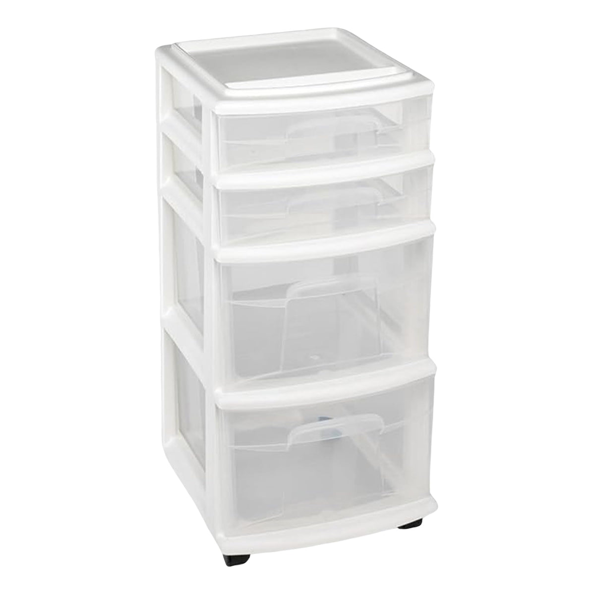 HOMZ Drawer Tower 4-Tier Clear Drawers for visible, easily accessible storage.