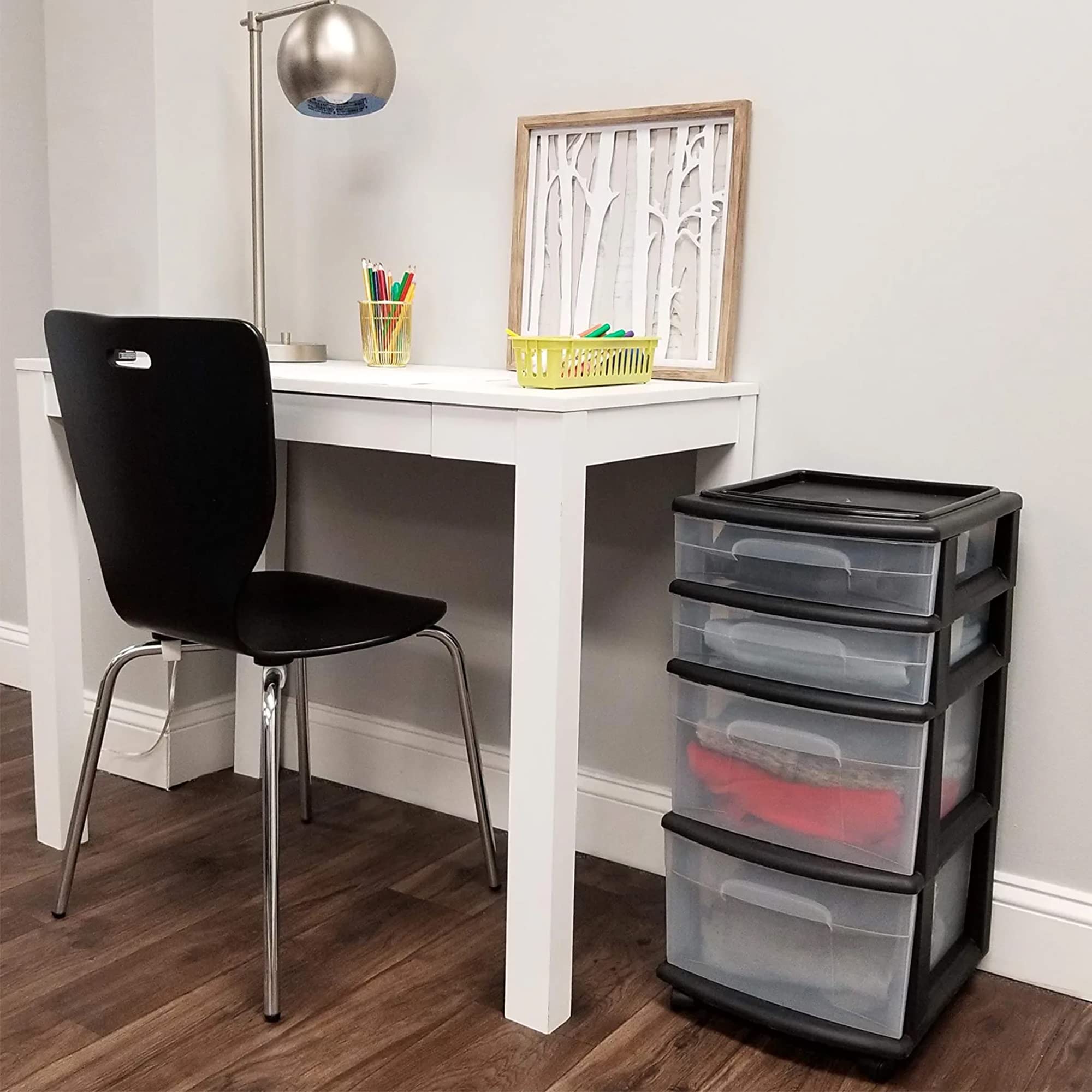 HOMZ Drawer Tower for bathroom items keeps toiletries organized.