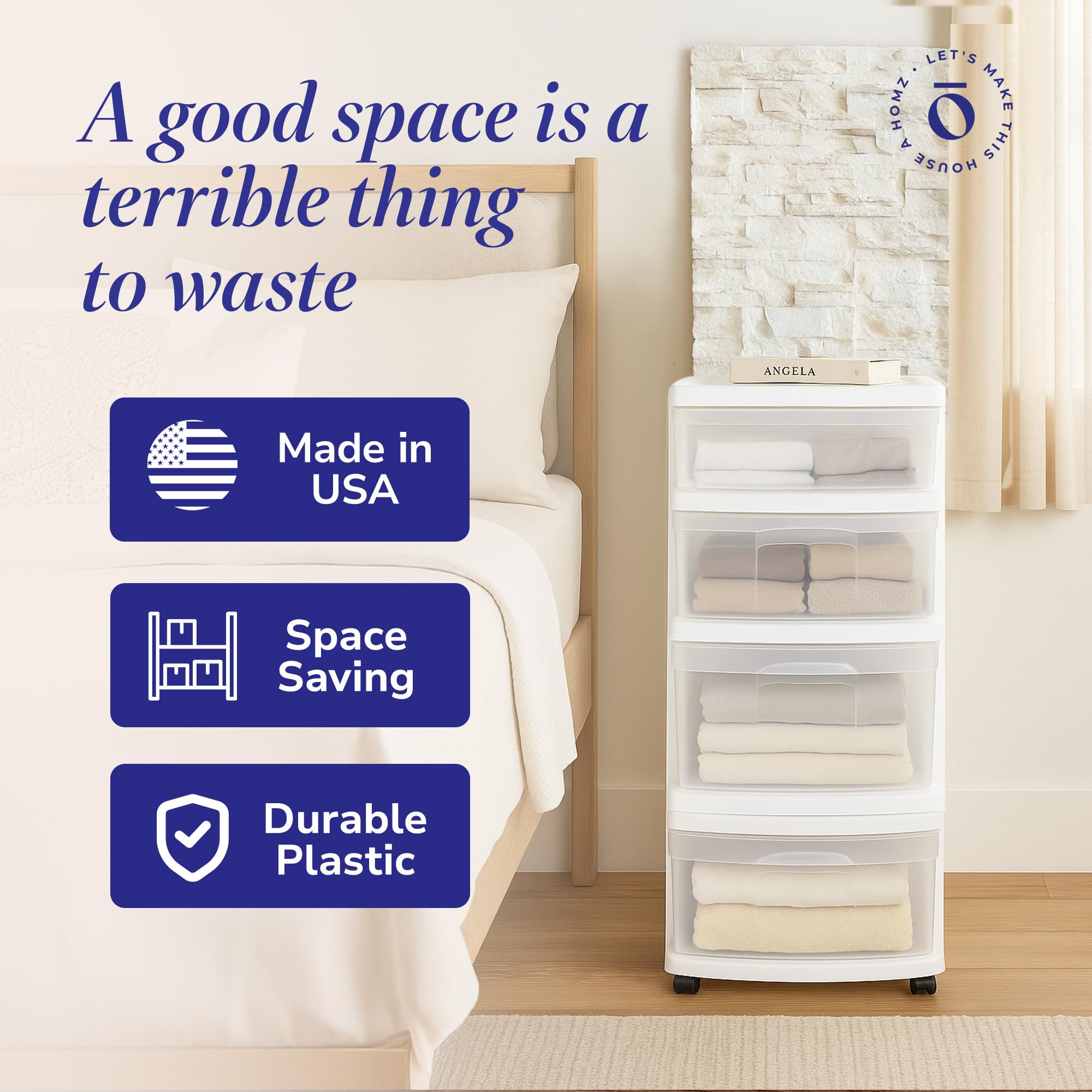 HOMZ Drawer Tower bedroom organization for clothing and small items.