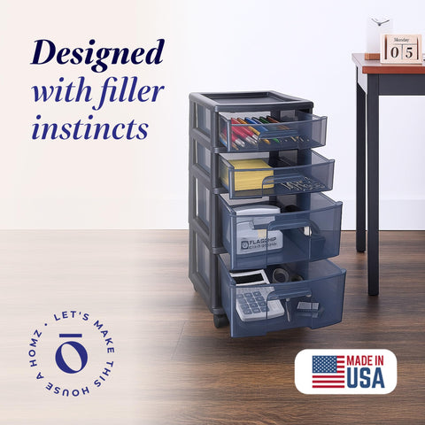HOMZ Drawer Tower black frame rolling cart moves smoothly on casters for portable storage