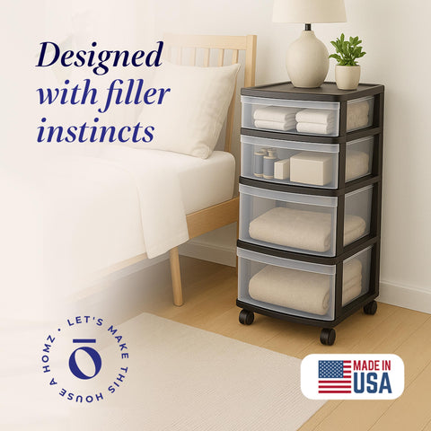 HOMZ Drawer Tower black frame adds durable style for storage.