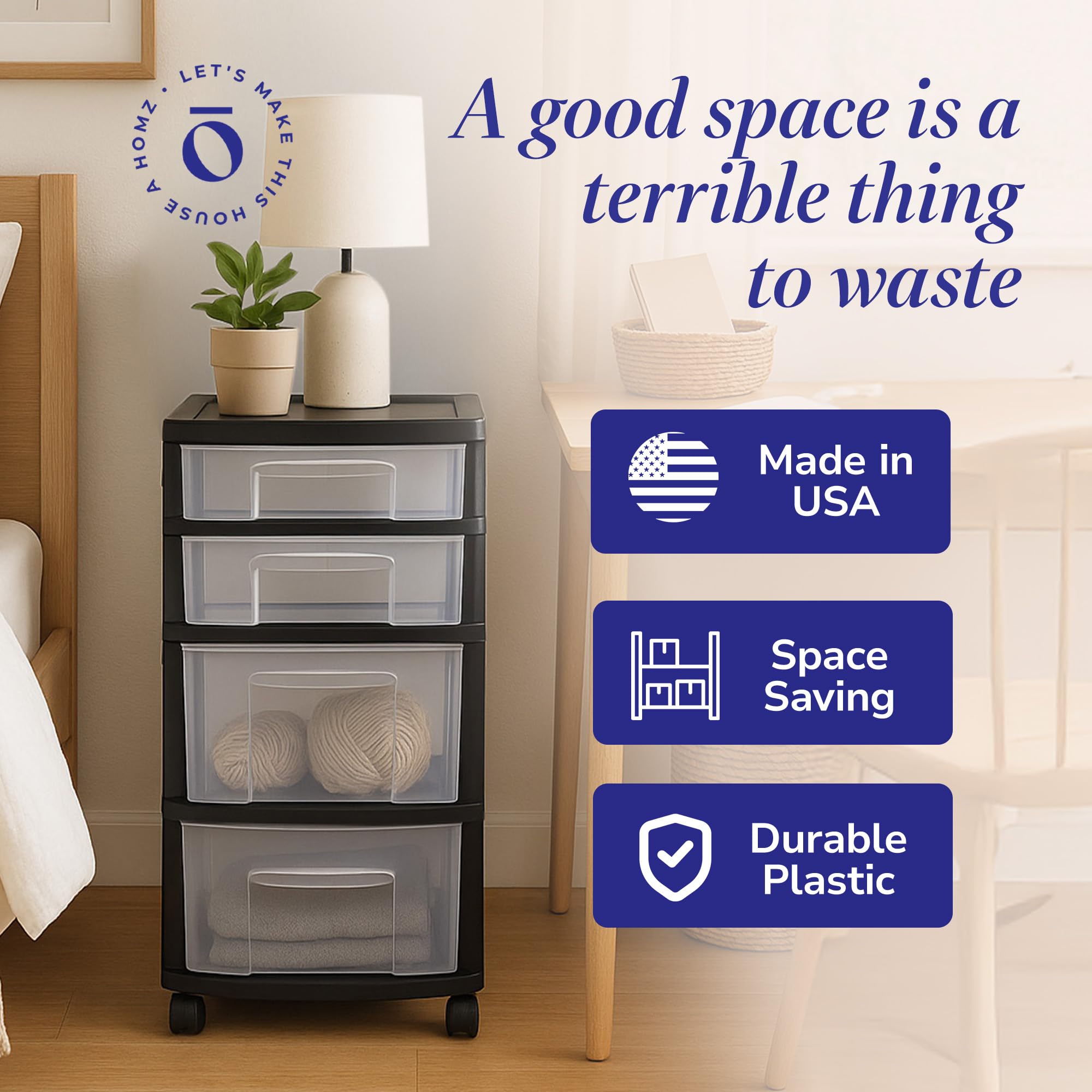 HOMZ Drawer Tower compact rolling storage fits tight spaces.