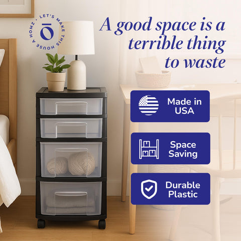 HOMZ Drawer Tower compact rolling storage fits tight spaces.