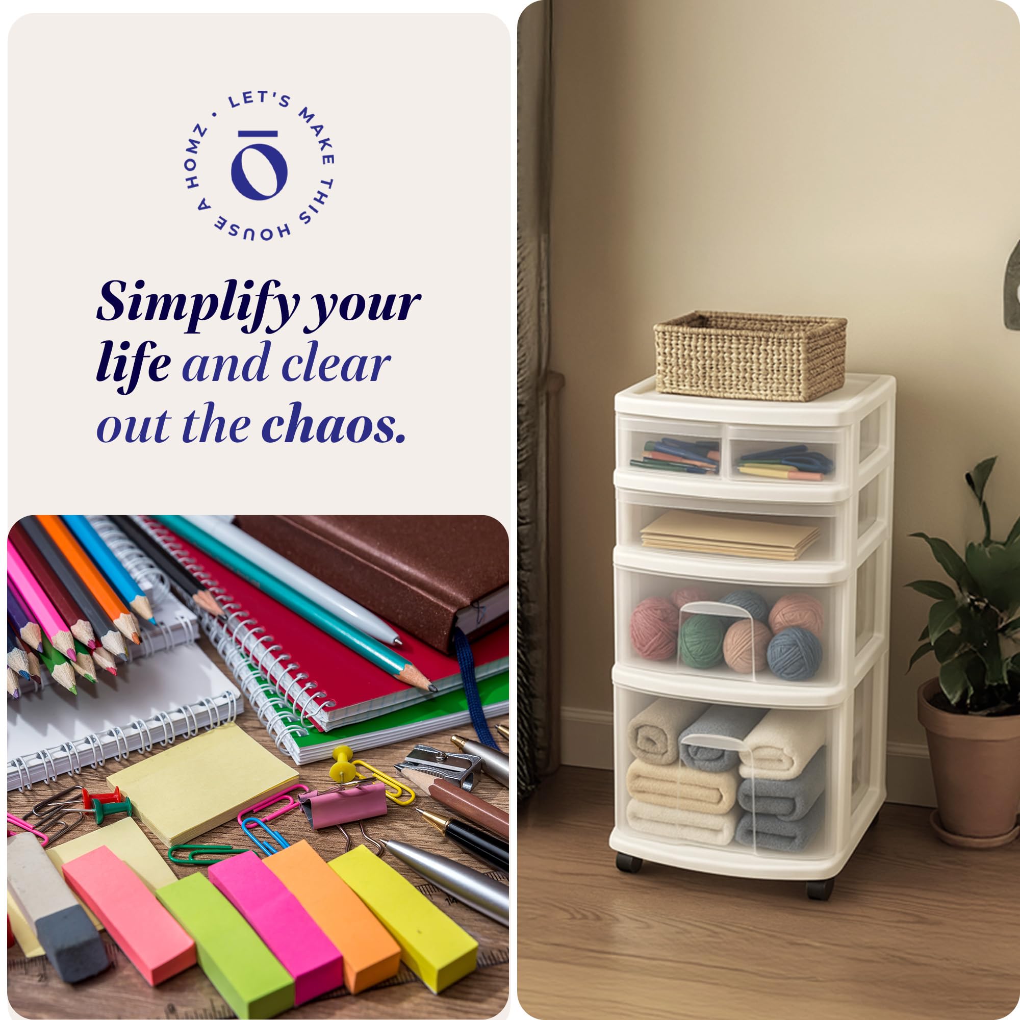 HOMZ Drawer Tower office storage for papers, supplies, and crafts.