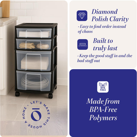HOMZ Drawer Tower with removable wheels for smooth mobility.