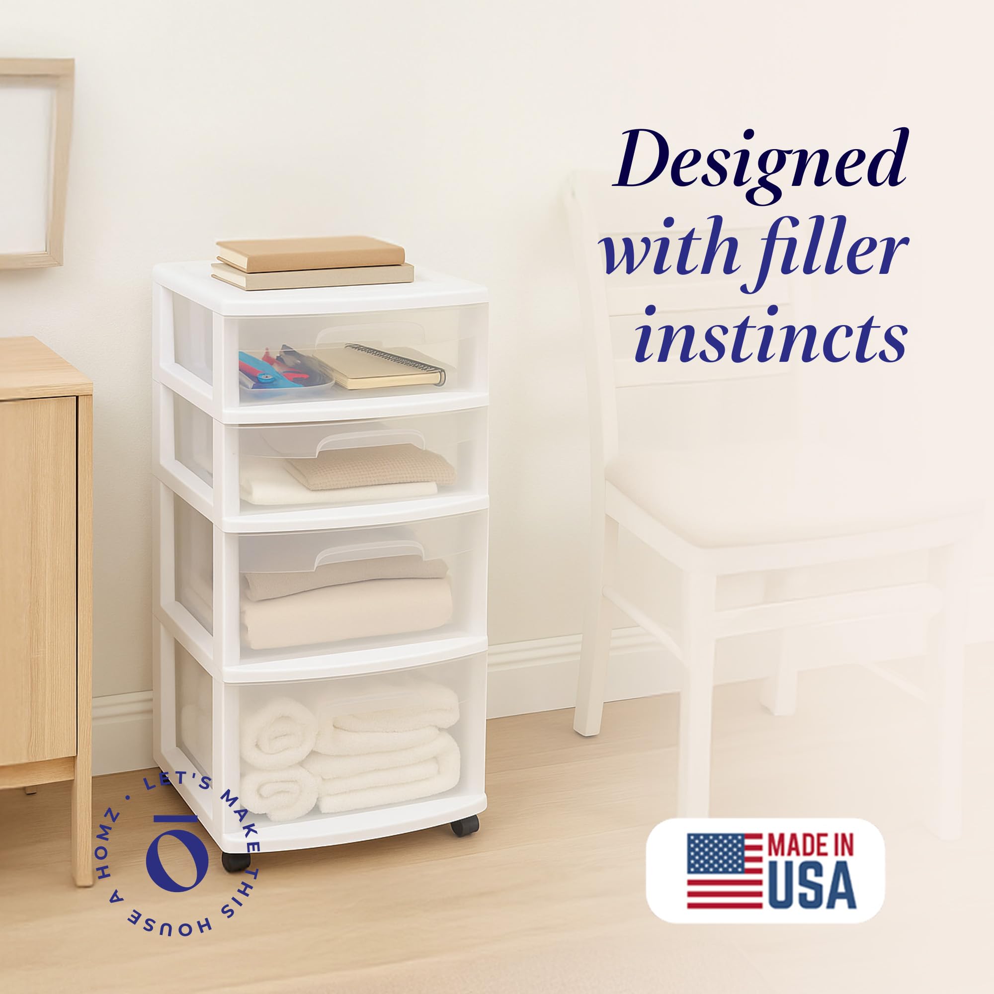 HOMZ Drawer Tower rolling cart with wheels enables portable organization.