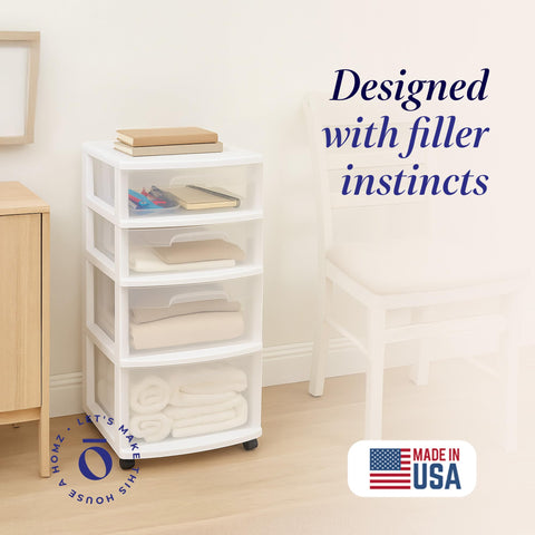 HOMZ Drawer Tower rolling cart with wheels enables portable organization.