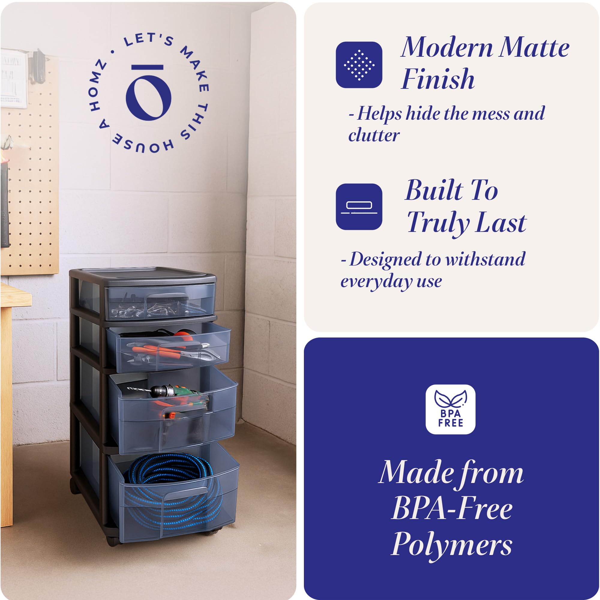 HOMZ Drawer Tower rolling storage cart in a workspace for organized supplies