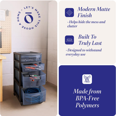 HOMZ Drawer Tower rolling storage cart in a workspace for organized supplies