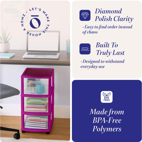 Clear drawer fronts of HOMZ cart highlight visible items and easy retrieval