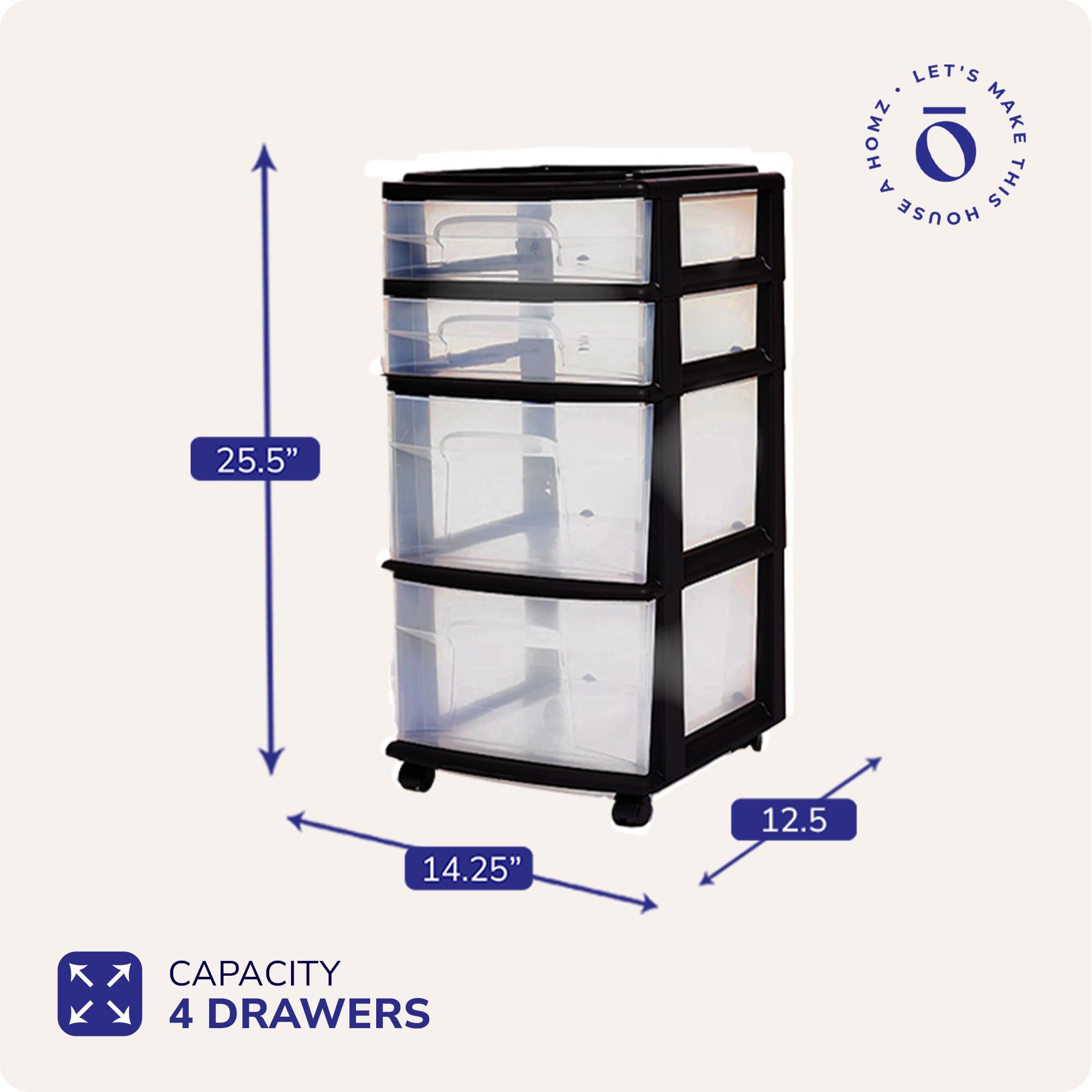 HOMZ Drawer Tower transparent drawers allow quick visibility.
