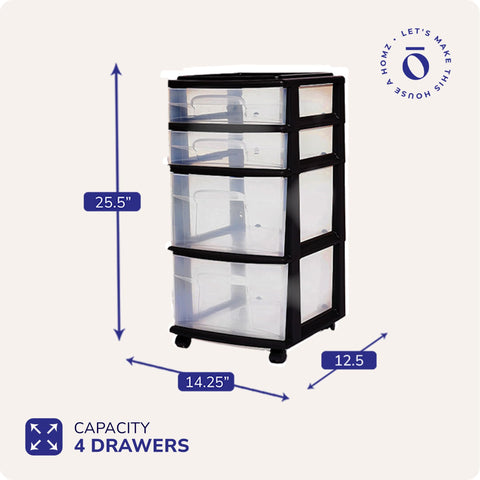 HOMZ Drawer Tower transparent drawers allow quick visibility.