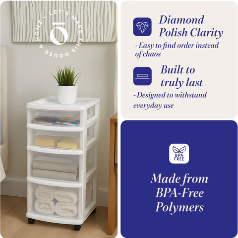 HOMZ Drawer Tower transparent storage helps quickly locate toiletries or office supplies.
