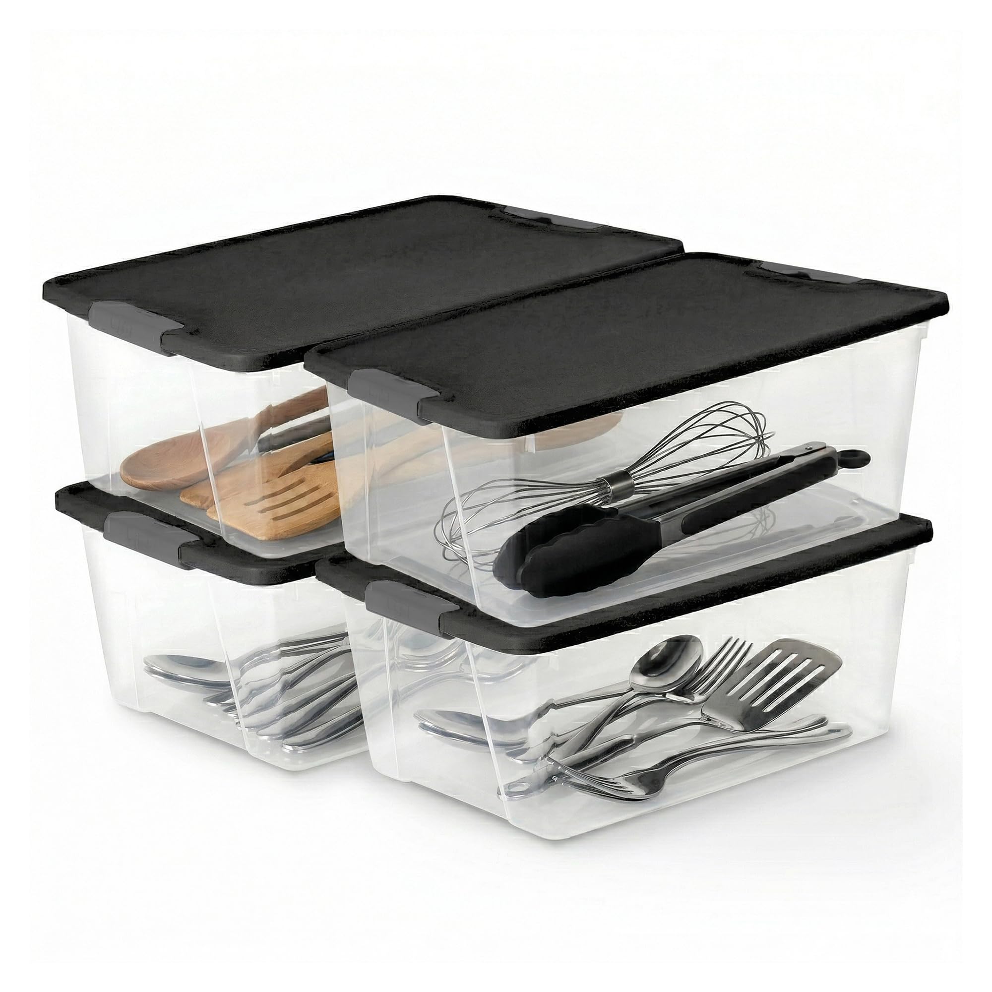 HOMZ 15-quart clear bin with secure latch keeps contents dust-free.