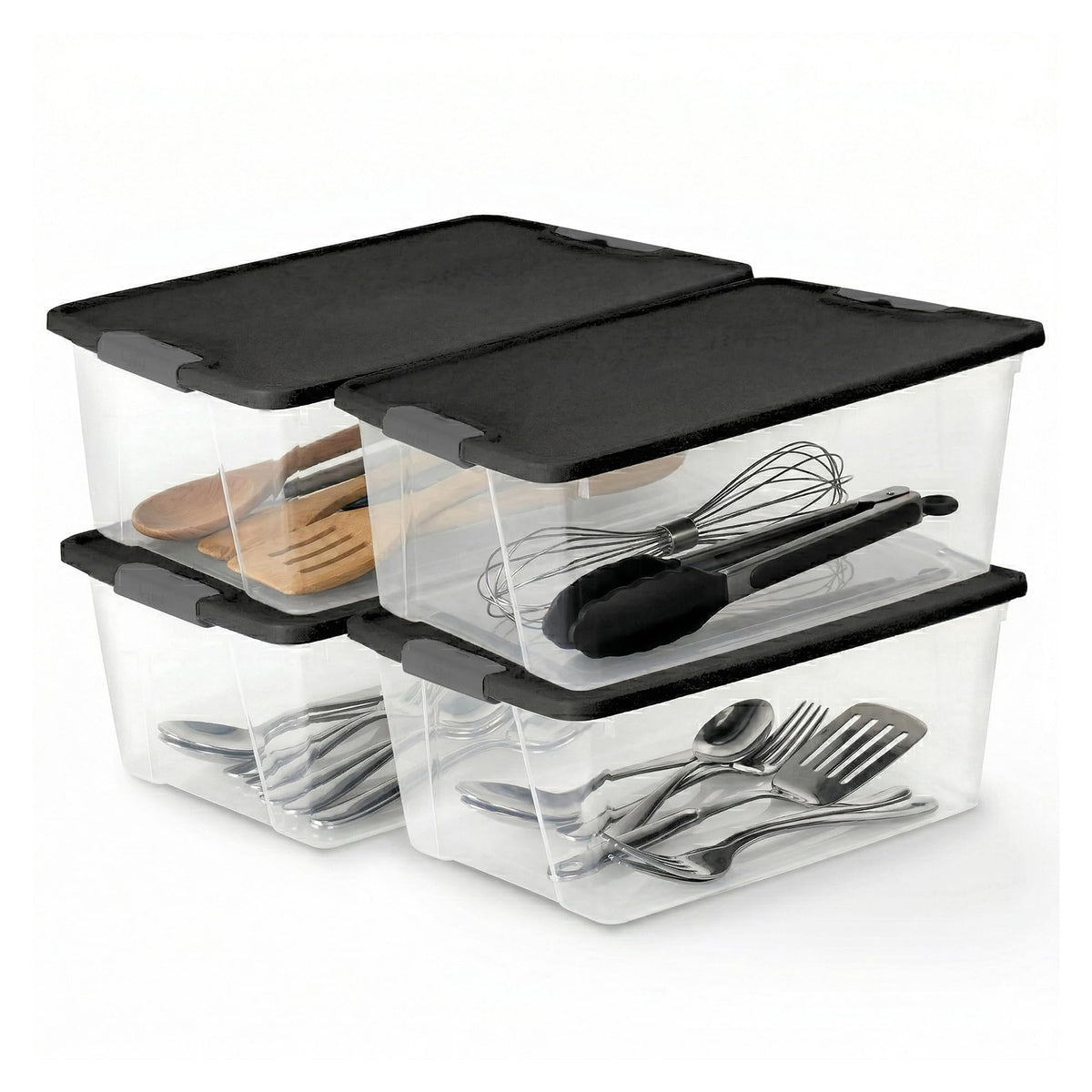 HOMZ 15-quart clear bin with secure latch keeps contents dust-free.