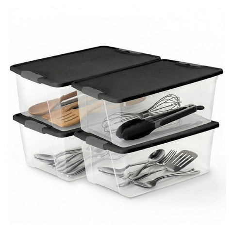 HOMZ 15-quart clear bin with secure latch keeps contents dust-free.