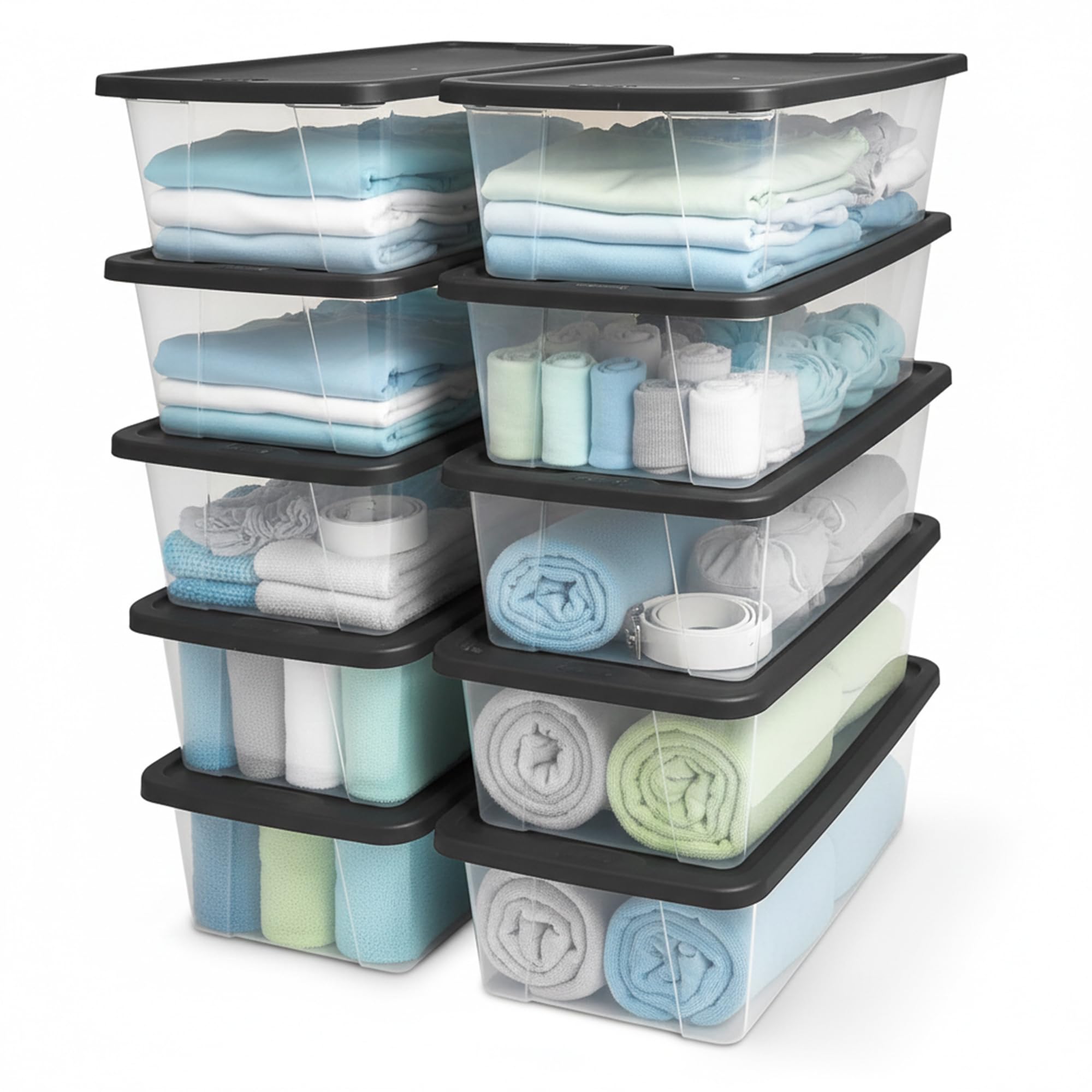 HOMZ Snaplock 10-pack small clear bin with lid for secure storage.