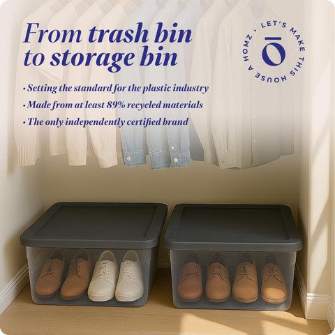 HOMZ Snaplock 28qt bins on desk shelf for office organization