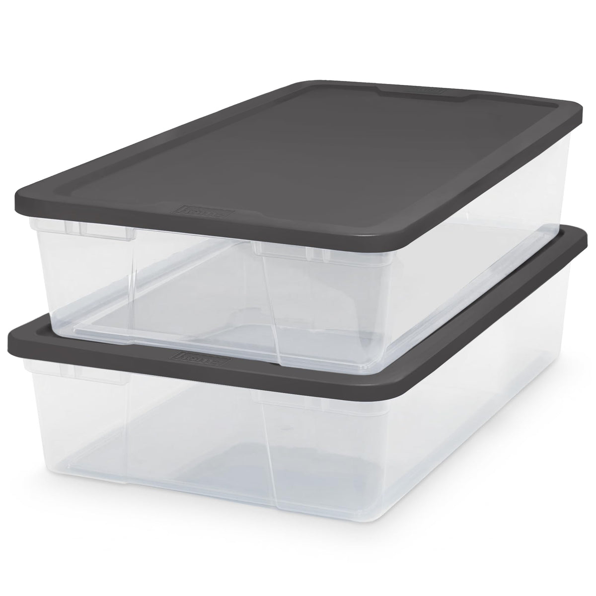 HOMZ Snaplock 28qt bins stacked for space-saving closet organization