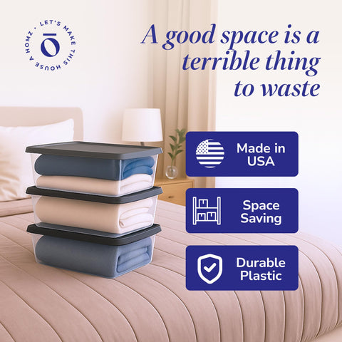 HOMZ stackable bins help tidy bedrooms, desks, and dressers with clear visibility.