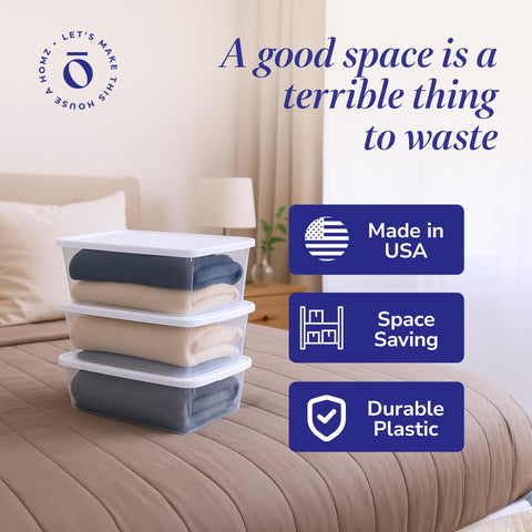 HOMZ Snaplock bin under bed keeps small items neatly tucked away.