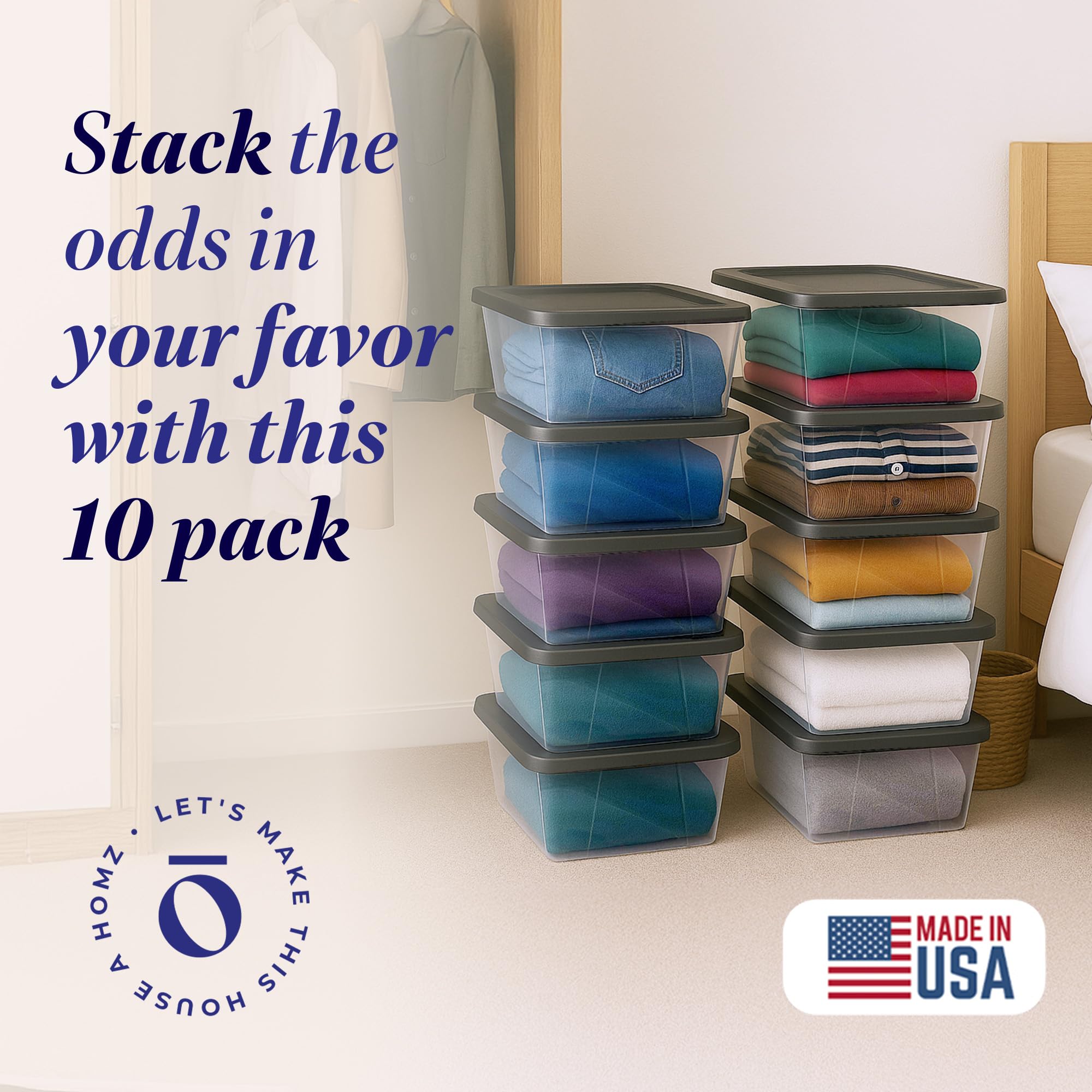 HOMZ Snaplock 6-quart clear bin is stackable for vertical closet organization.