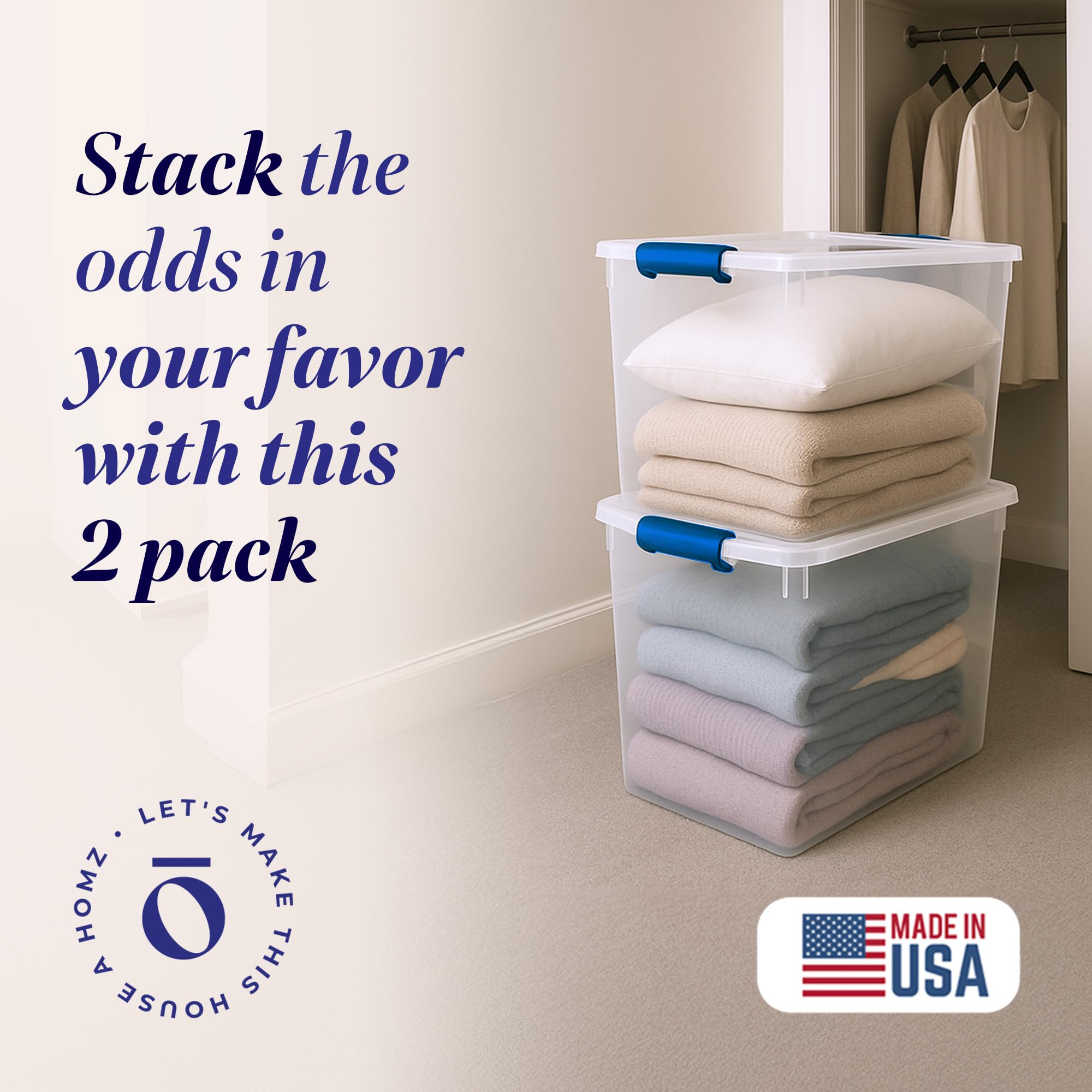 HOMZ stackable storage bin saving vertical space in homes and offices.