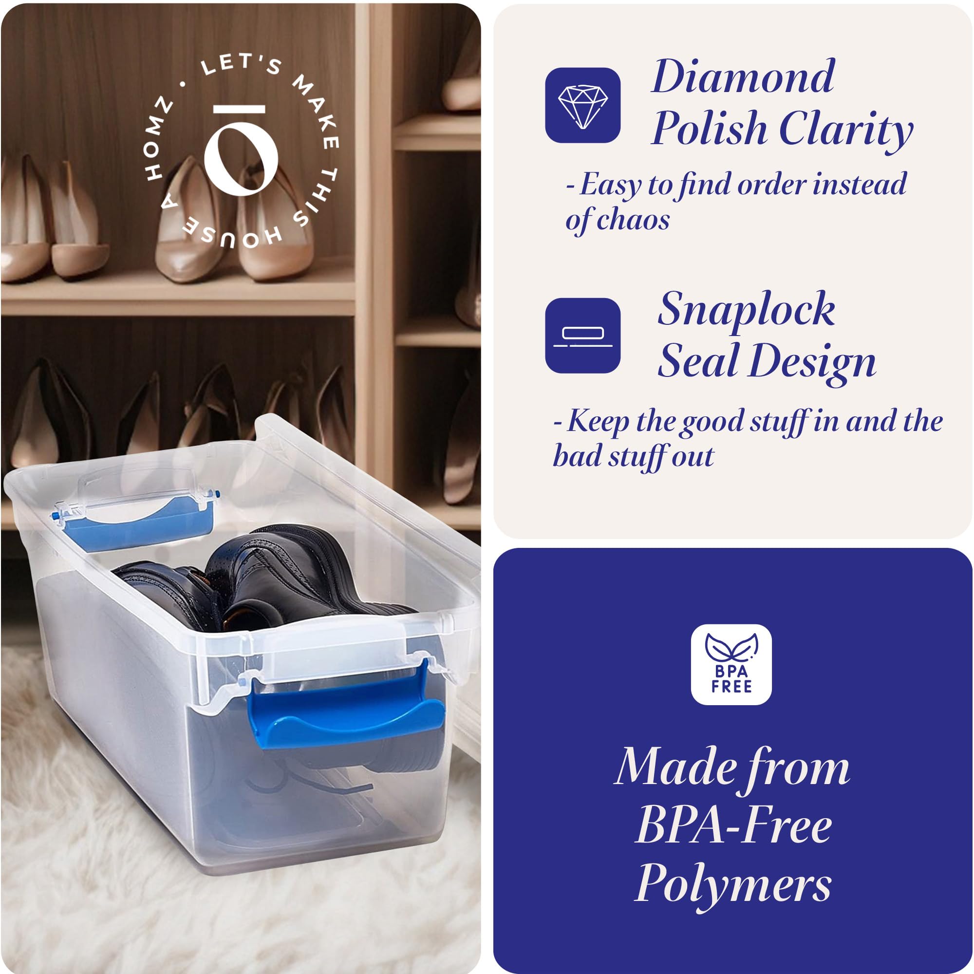 HOMZ stackable bins organized in a closet for space efficiency.