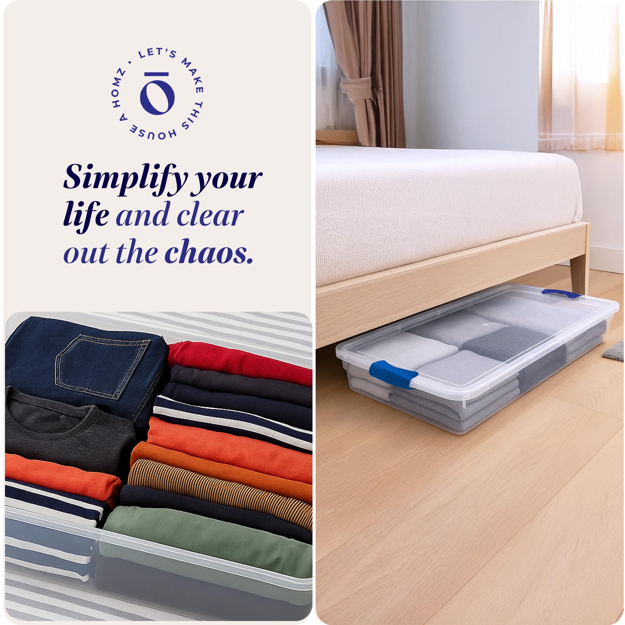 HOMZ stackable under-bed organizer bin for space-saving storage.