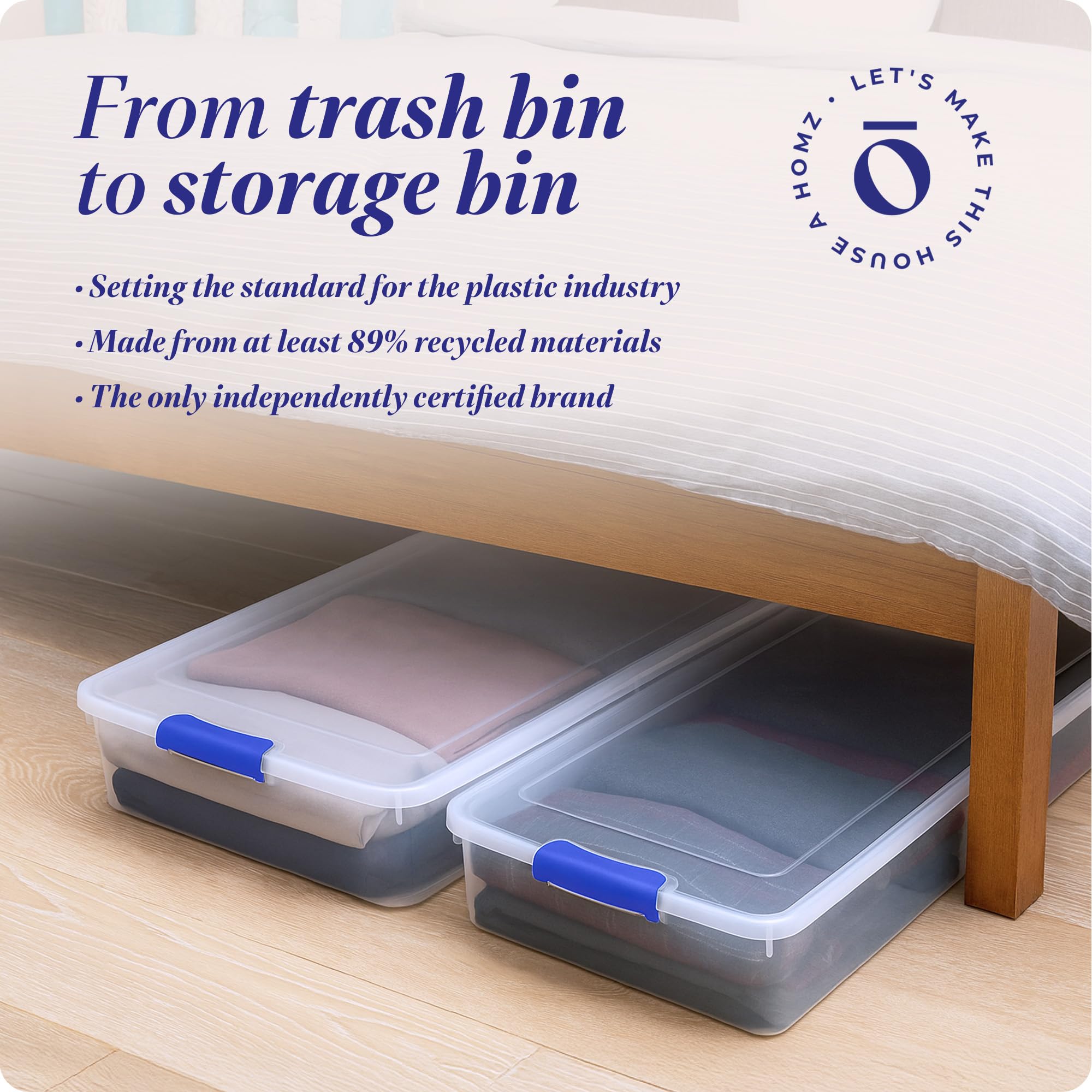 HOMZ transparent under-bed bin helps keep clutter under control.